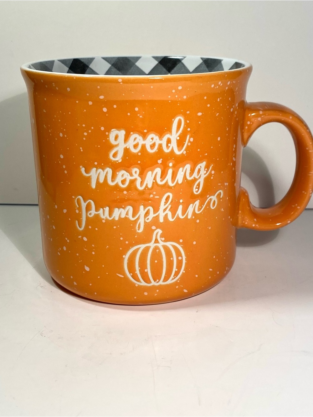 Oversized Good Morning Pumpkin Orange Ceramic Mug with Buffalo check interior